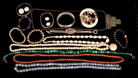 Grouping of Bead Strands of Carved Bone, Etc.: Grouping of bead strands of carved bone, jasper, malachite, inlaid turquoise pendant, bangle bracelets, etc.