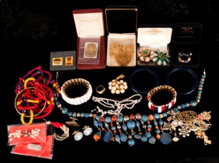 Grouping of Beaded Necklaces, Bangle Bracelets: Grouping. Including beaded necklaces, bangle bracelets, rhinestone items, Reed & Barton pin, gold filled pins, earrings, Wedgwood type cuff links, Lady Remington jewelry set