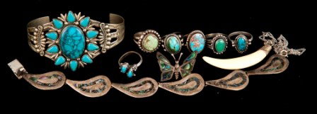 Silver Grouping with Tooth Pendant, Cuff, Etc.: Silver grouping. Including tooth pendant; cuff bracelet; Mexican sterling bracelet & butterfly brooch with inlaid abalone; and six rings (4 with turquoise & 2 costume).