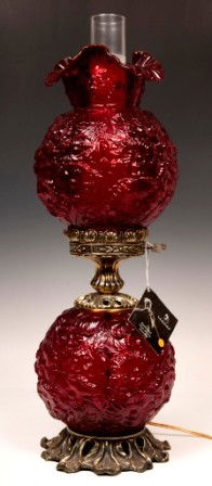 Red Fenton Gone With the Wind Lamp: Red Fenton Gone With the Wind Lamp with original tag; 23"h x 10" dia