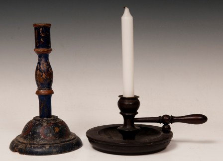 Wood Chamber Stick and Candle stick: Early wood chamber stick and candle stick with early paint; tallest is 9"h