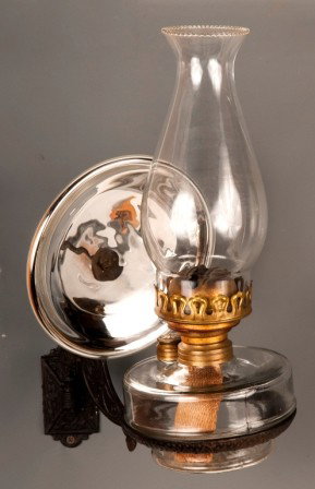 Open Ring Bracket Oil Lamp with Mercury Reflector: Open ring bracket oil lamp with Mercury reflector and wall Bracket apron; 11"h