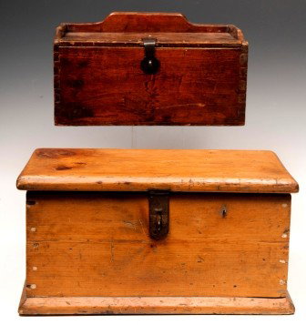 Primitive Wood Boxes: Sailors' ditty box with inside slide drawer, dove tailed, clasp and lid 11x7x7"; one early compartment box , metal clasp, 13-1/2 x 7-1/2 x 7-1/2"