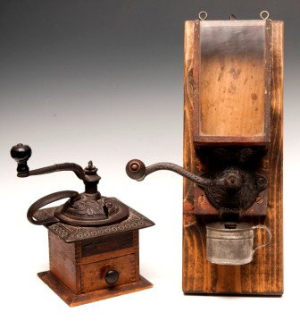 Coffee Mills: Two (2) coffee mills, one Parkers Nat'l Coffee 6x4-1/2x6-1/2" dove tail deco metal top; one X-Ray Coffee Mill Arcade Co, wall mount 17", mill 11-1/2"x5"w, dove tail