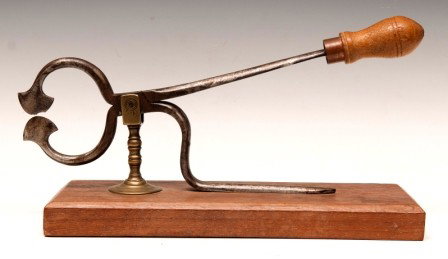 Brass and Iron Sugar Nippers Ca1800: Good 18th/ 19th C brass and iron sugar nippers measuring 13 1/2"l nicely mounted on a walnut board