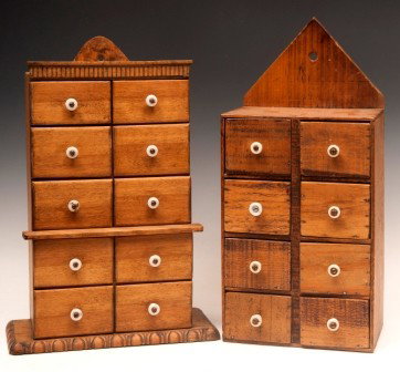 Two Early 20th C Spice Cabinet: Two early 20th C spice cabinets smaller with dovetailed cabinet, both with porcelain pulls, and drawers made with early advertising boxes; the largest measuring 17 1/2'h