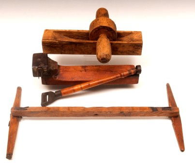 Apple Peeler, Herb Grinder: Apple Peeler ca 1850's hooking on table top 12"l, dog/goat double tree to hook on pull sled, carved out single block wood perhaps used to hold something upright