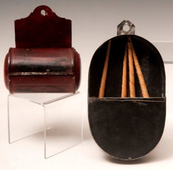 Match Safe, Candle Holder: Rare candle holder-style match safe, red paint, 4-1/2"w; oval wall mount tin spill holder for candles