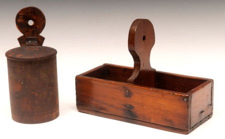 Salt Boxes: One wood ca 1860 salt box 9", one open rectangle salt box ca 1880, 2 sections with décor handle