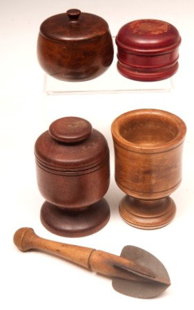 Wood Reamer Tool , Treen Box: Wood handle reamer tool for treenware or tin; turned wood spices boxes with lids, wood container Redland CA