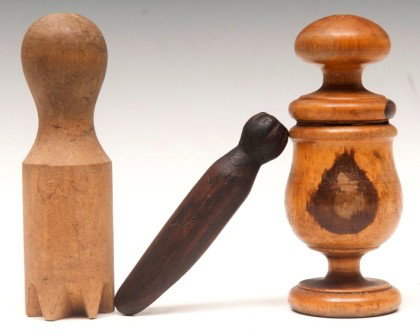 Salt Box, Herb Grinder: Three (3) items: turned wood two piece herb grinder, one wood garlic crusher and one wood edge decorator with diamond shape
