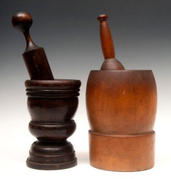Two Early Mortar and Pestles: Early mortar and pestle lot including a stoneware mortar and pestle and a maple mortar and pestle; 19th/Early 20th C, largest is 12"h