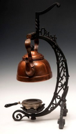 Five-O'clock Tea Cast Iron Tea Kettle Trivet: "Five-O'clock Tea" cast iron tea kettle trivet with copper burner and copper kettle, 19"h