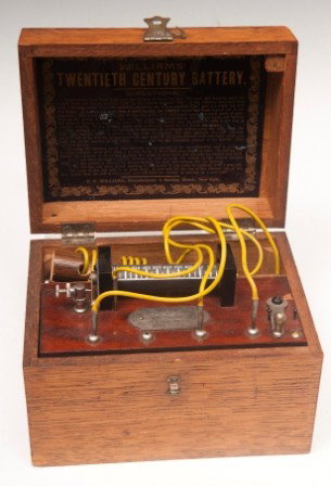 Williams 20th C Battery Shock Therapy, Quackery De: Shock therapy box, by P.G. Williams Manufacturer 6 Barclay Street New York; contained in a Golden Oak box measuring 5 5/8"h x 8 5/8"w x 5 5/8"d