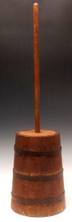 Small Wooden Butter Churn: Small wooden butter churn; tripple metal banded; nice patina with lid and dasher; 13"h (34" with dasher) x 9 1/2" base