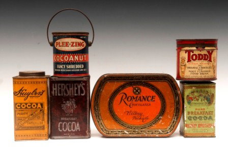 Chocolate/Cocoa Tin Lot: Six tins to include Runkel Bros. Cocoa, Toddy Malt, Huylers Cocoa, Hershey's Cocoa, Romance Chocolates, Pleasing Coconut