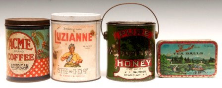 Kitchen Tins: Four tins to include Pure Honey, JL Gauthier, NY; Ferndell Tea; Acme Coffee; and Luzianne Coffee tin