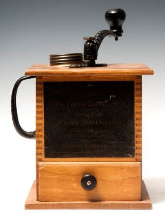 Challenge Fast Grinder One Pound Coffee Mill, Earl: "Challenge Fast Grinder, One Pound Coffee Mill" early 20th C grinder made by Belmont Hardware Mfr, original paper label intact; 10 1/2"h x 6 3/4" sq