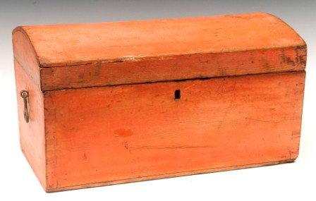 Salmon Painted Miniature Dome-Top Trunk, Early 19t: Miniature dome-top trunk with dove tail construction in an early salmon paint, iron handles; 9"h x 15 1/2"w x 10"d