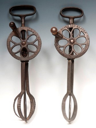 Two 19th C Iron Egg Beaters: Holt's egg beater pat. date of Aug 22, 1899 and a Dover Egg Beater pat. date of April 1888