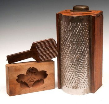 Kitchen Primitives: Lot of three items including an early cheese grater with drawer; butter mold and butter pat