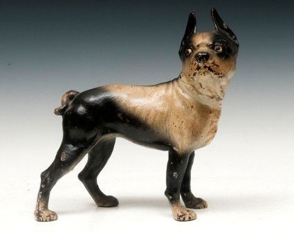 Hubley Bull Dog Door Stop: Cast iron mold, good paint 10" standing Boston Terrier Bull Dog door stop attributed to Hubley