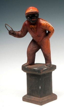 Black Americana: Black Americana post topper, ring in hand, red and black paint, 11-1/2"h sitting on 3" square base