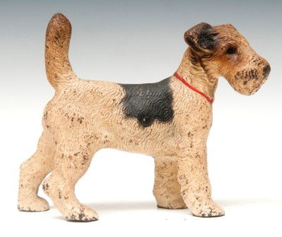 Terrier Dog Door Stop: Cast iron Terrier dog door stop, white with black marks, 5-1/2"h x 6" standing