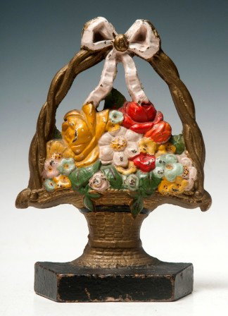 Floral Door Stop: Basket of flowers door stop, Arthur Mfg Co No 56, Balti MD, painted red, white, yellow, green, 8-1/2"h