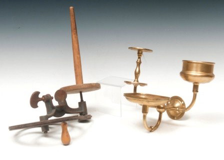 Yarn Winder, Soap Dish: Table clamp yarn winder, belt driven; one brass soap dish
