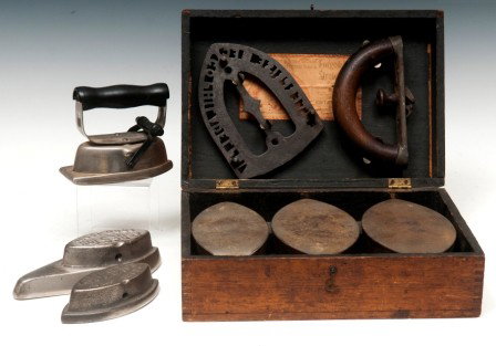 Sad Irons, asBESTos: Complete sad iron set with original box and label "Enterprise"; along with three sad irons marked asBESTos and one marked pat.1900 with handle
