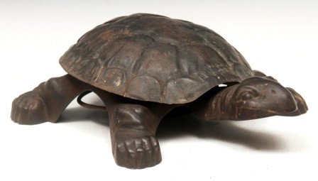 Spittoon: Cast iron turtle spittoon ca 1894, tin shell lid, step on head to open, 13"l