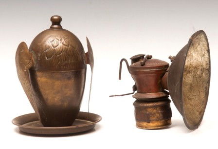 Metal and Lamp Lot: One Miner's lamp "Universal Lamp Co" 4", brass with shadows of red paint; one brass style shaker with unique bird form, 6"