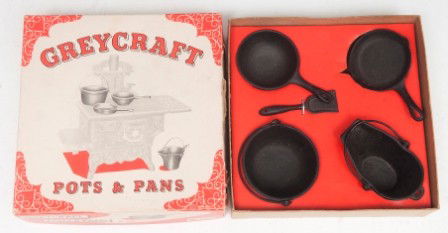 Greycraft Pots & Pans: Greycraft, Mount Joy, PA cast iron toy cookware in original box
