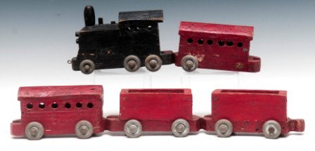 Wood Train: Handmade wood train, four cars and engine each approx 7-1/2"l, red and black paint