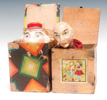 Jacks in Box Toys: Two jack in box toys, one early monkey composition face, has sounds, wood box, good paint and fair box 4-1/4"x3-1/4" and one clown composition face, good paint, fair box, 3-1/4"