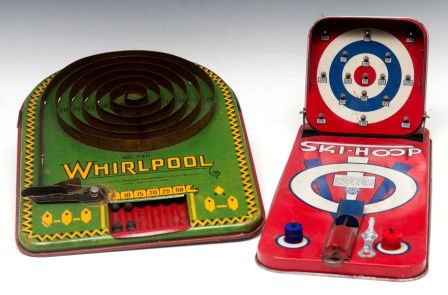 Whirlpool Tin Game, Ski-Hoop: Whirlpool #750 tin litho marble game, good yellow and green paint, vintage 1950's and Ski-Hoop ring game by Automatic Toy Co, good red ,white and blue paint (rings are missing)