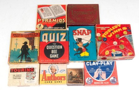 Card Games Lot: Lot of ten games Tiddley Winks, Touring, Qualgeis, Peter Coddles, Authors, Clay-Play, Logomachy, Pyramids and Quiz