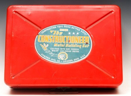 Metal Building Set: "The Constructional Metal Building Set" in red metal box with building material included, Urbana Mfg. Co
