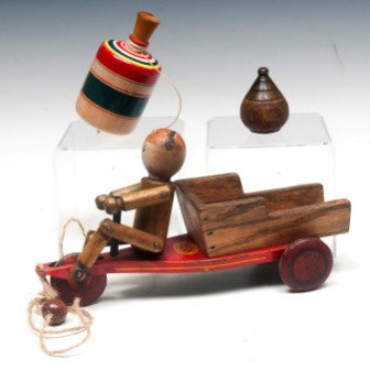 Frantz Pull Toy, Wood Tops: Frantz Mfg Co Hustler Family pull toy wood and tin base, 10"l and two wood tops