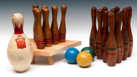Wood Bowling Games: One set bowling pins, 9" with 3 balls; one set bowling pins, 7-1/2" no bowling balls and one Red Crown duck Pin 9-1/2"