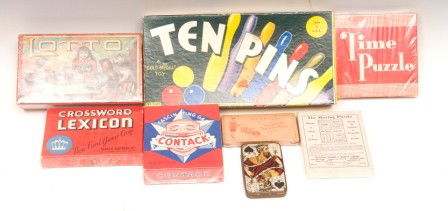 Games and Puzzles: Eight games and puzzles including Time Puzzle, The Moving Puzzle, Crossword Lexicon, Contack, Lotto, Ten Pins, Miniature Ten Pins Game and small tin with card game