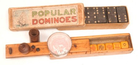 Palm Dice Game, Dominoes: Four games, one advertising palm dice game with mirror "International Tailoring Co.; one set "Popular Dominoes"; small dice in turned wood shaker; one sliding lid box with poker dice or "liars" dice