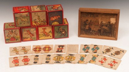 Card Game, Musical Blocks, Comet Blocks: Seven musical paper blocks litho of numbers, music and animals, 3-1/4"; one complete deck of older "Old Maids" card game with display case and one box Riehter's Comet Blocks, stone building blocks wit