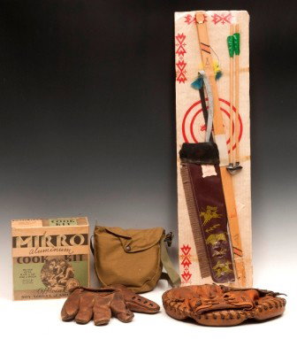 Baseball Mitts; Boy Scout Cook Kit, Bow & Arrow: Two leather baseball gloves, one Rawling catcher's mitt with Carl Williams mark and one left hand mitt marked Craft Built "Bull Pup", fair condition and one Boy Scout Mirror aluminum cook kit with off
