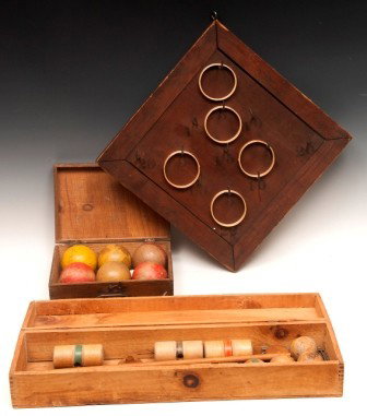 Crochet and Bocce Games: Wood crochet game with original box and one Bocce garden game in finger joint box along with an earlier version of ring toss game on board