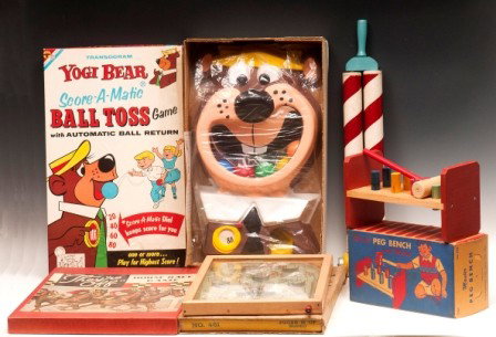 Various Game and Toy Lot: Parker Bros Horse Race Game all original, Yogi Bear Ball Toss Game,( like new in box), Master Peg Bench with mallet (like new in box), Rodeo pin ball game with a box and a wood push toy "peppermint ro