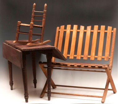 Childs Drop Leaf Table, Folding Bench: Child's drop leaf table, dark finish, 24"x20" open, turned legs, as is condition; one split oak weave doll rocker, 13"; one child's folding chair