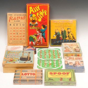 Childs Games: Group of twelve child's games, Milton Bradley Ally Sloper Game, Sabotage, Polly Put the Kettle On, Tiddley Winks, Pigs in the Clover, Lotto, Spoof, Standard Radio Game, Quiz Kids, Contact and two Auto
