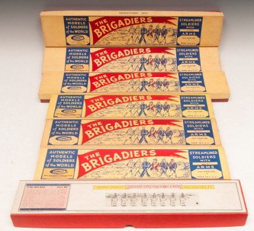Metal Toy Soldiers: Six sets of metal toy soldiers, Comet Metal Products with original boxes: German Inf. of Line, Egyptian Inf of Line, Eng. Inf. Of Line, Eng. Royal Guards, Indian Malaca Troops, US Inf. Marching Overse